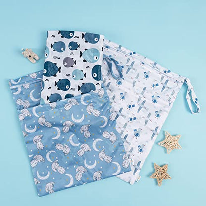 babygoal Wet Dry Bags for Baby Cloth Diapers, Washable Travel Bags, Beach, Pool, Gym Bag for Swimsuits & Wet Clothes with Two Zippered Pockets 3 Pack, 3LN28 - color: Fish and seagull