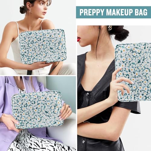 Nylon Large Floral Makeup Organizer Bag, Preppy Big Cute Flower Cosmetic Zipper Pouch Multi-compartment with Dividers, Waterproof Toiletry Makeup Brushes Bag Travel Essentials for Women(Green-Daisy) - color: Green-Daisy, size: Large