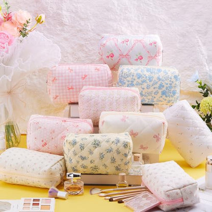 Paterr 20 Pcs Cotton Quilted Makeup Bag Bulk Coquette Cosmetics Bag Flower Aesthetic Essential Pouch Emergency Travel Toiletry Cotton Pouch Gifts for Women (Bow Floral) - style: Bow Floral