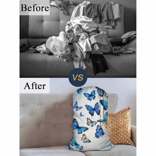Swono Beautiful Blue Butterflies Large Dirty Clothes Laundry Bag for Laundry Basket Hamper, Flying Animal Garden Fairy Tale Machine Washable Dirty Clothes Organizer - color: Beautiful Blue Butterflies