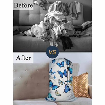 Swono Beautiful Blue Butterflies Large Dirty Clothes Laundry Bag for Laundry Basket Hamper, Flying Animal Garden Fairy Tale Machine Washable Dirty Clothes Organizer - color: Beautiful Blue Butterflies
