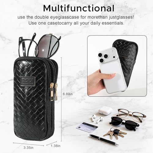 KINIVA Double Eyeglass Case for Men Women, 2-in-1 PU Dual Sunglasses Case, Scratch-Proof Travel Eyeglass Holder for Purse Car - style: Black Woven
