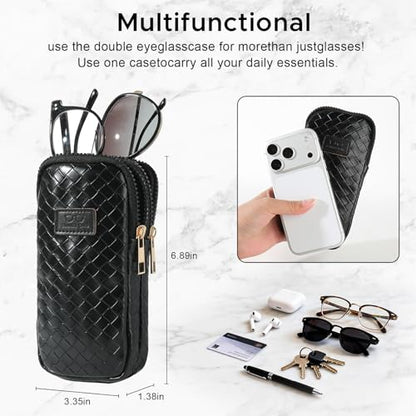 KINIVA Double Eyeglass Case for Men Women, 2-in-1 PU Dual Sunglasses Case, Scratch-Proof Travel Eyeglass Holder for Purse Car - style: Black Woven