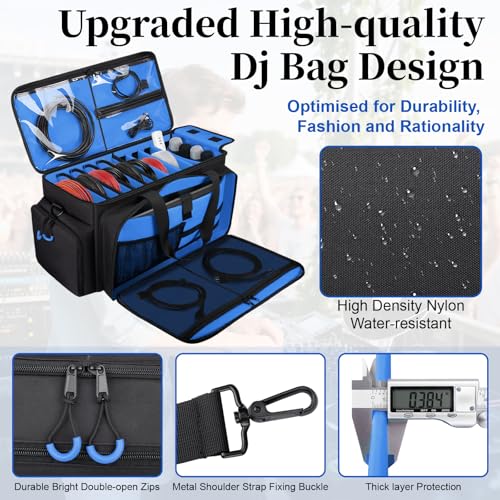 Large Dj Cable Bag with Laptop and Microphone Pocket, Dj Bag for Equipment and Music Accessories with Detachable Dividers, Bottom Pad, Dj Gig Bags for Musicians, Professional, Travel, Blue - color: Blue, style: Dj Cable Bag