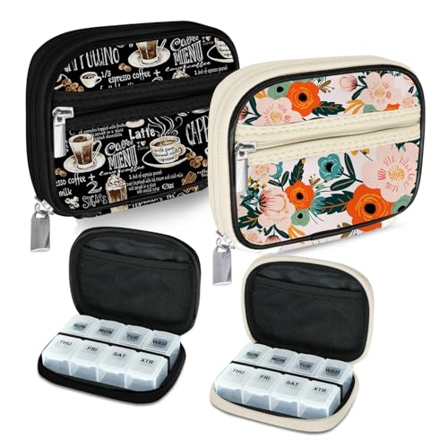 Serfeymi Weekly Travel Pill Organizer Pill Case for Purse with Removable 7 Day Pill Box, Fashionable Travel Medicine Organizer Pill Container for Medicine, Vitamin, Supplement - Black 02 + Bloom 01 - color: C. Black 02 + Bloom 01, size: 2 Cases + 2 Boxes