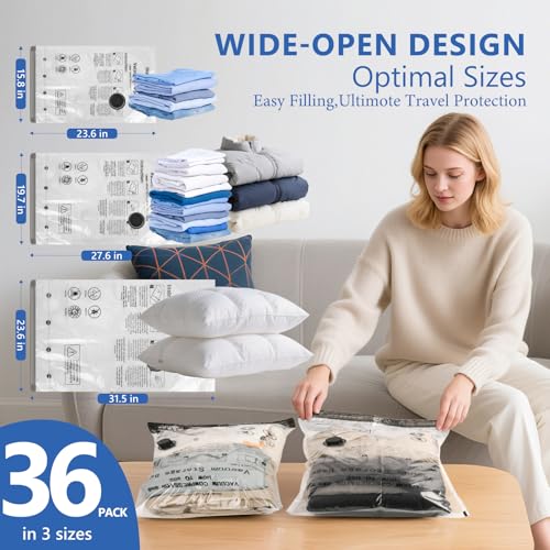 NESCCI Travel Vacuum Bags for Clothing with Rechargeable Wireless air Pump，36 Pack Compression Packing Bags for Luggage Suitcase,Carry-on Size Space Saver vacuum storage bags - size: 36 Combo Size (Blue)