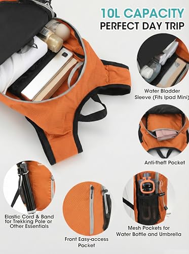 Foldable Small Hiking Backpack with 3 Strap Pockets – Lightweight 300D Spill-proof Daypack for Men Women – Packable Small Travel Backpack with Chest Strap & Trekking Pole Holder – Durable Outdoor Bag - color: Orange-
