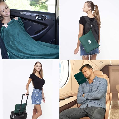 BlueHills Premium Soft Travel Blanket Pillow Airplane Flight Blanket Throw in Soft Bag Pillowcase Compact Pack Large Comfort for Travel Green (Dark Green T010) - color: Green-1pk-t010