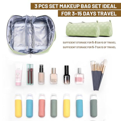 BOYATU Travel Makeup Bag Organizer: 3 Pcs Set Large Capacity Cosmetic Bags Holds 10–20 100ml Full-Size Bottles - 180°Open-Flat Make up Case 3-sec touch-up - Toiletry Bag Gift women (01-D-Green) - color: 01-D-Green