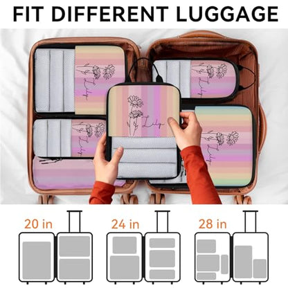 Custom 6 Set Compression Packing Cubes for Travel, Personalized Lightweight Luggage Organizer Bags with Name & Birth Flower, Expandable Large Expandable Packing Organizer, April Gradient - color: Rainbow