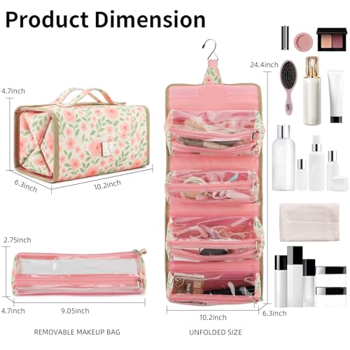 ROYALFAIR Roll Up Makeup Bag, Travel Toiletry Bag for Women with 4 Clear TSA Approved Pouches, Hanging Travel Organizer, Folding Cosmetic Bag for Men and Women - color: printing
