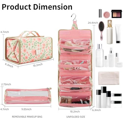 ROYALFAIR Roll Up Makeup Bag, Travel Toiletry Bag for Women with 4 Clear TSA Approved Pouches, Hanging Travel Organizer, Folding Cosmetic Bag for Men and Women - color: printing