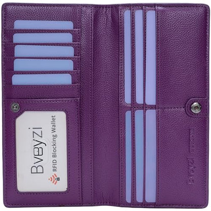Bveyzi Ultra Slim Thin Leather RFID Blocking Credit Card Holder Bifold Clutch Wallets for Women - color: Purple