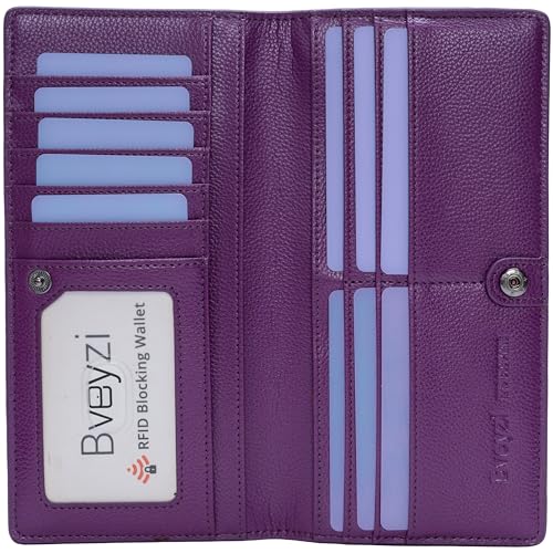Bveyzi Ultra Slim Thin Leather RFID Blocking Credit Card Holder Bifold Clutch Wallets for Women - color: Purple