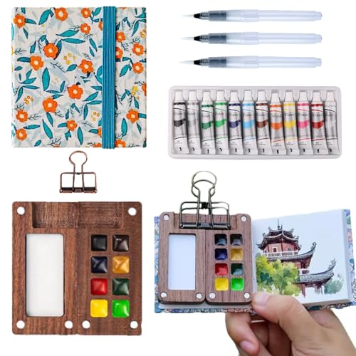 Aimery Mini Watercolor Paint Travel Set, Portable Pocket Size Water Color Painting Kit with Wooden Palette, Refillable Brush & Sketchbook(Orange Flower) – Gift for Birthdays, Beginners, Art Lovers - style: Orange Flower