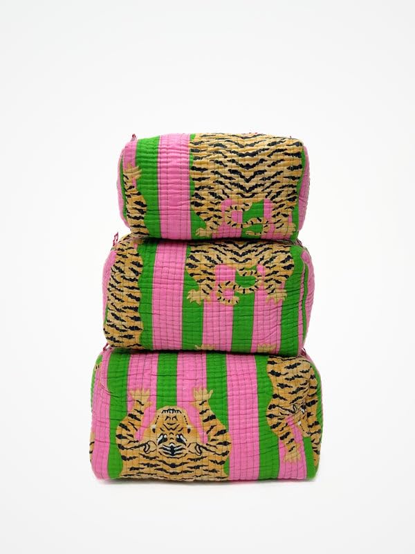 YILLE Set of 3 Pieces Block Printed Travel Organizer Kit Storage Bag for Women Makeup Bag Travel Cosmetic Bag (Pink Green Fat Tiger) - color: Pink Green Fat Tiger