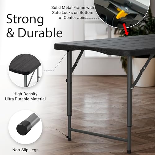 4 Feet Foldable Table Adjustable Height with Built in Handle, Steel Legs | 4FT Heavy Duty Portable | Perfect for Party Dining Wedding Events Picnic Indoor Outdoor Camping Utility Folding - 4 Foot - color: Black, size: 4 FT