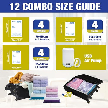 HIBAG Travel Vacuum Bags with Electric Pump for Luggage and Suitcase, Vacuum Seal Compression Packing Bags for Clothes Clothing, Combo 12 Pack - size: 12T-EPUMP