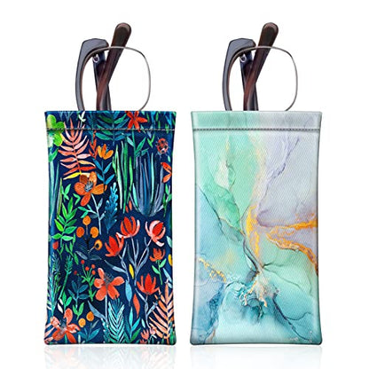 [2 Pack] Fintie Eyeglasses Pouch with Cleaning Cloth, Portable Squeeze Top Leather Glasses Case Sunglasses Bag, Jungle Night + Emerald Marble - color: Jungle Night + Emerald Marble
