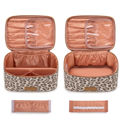 Montana West X Wrangler Travel Makeup Bag 2pcs Set Large Cosmetic Bag with Makeup Brush Holder Portable Make Up Organizer Cute Toiletry Bag with Divider and Handle for Women Leopard - color: Leopard-Khaki