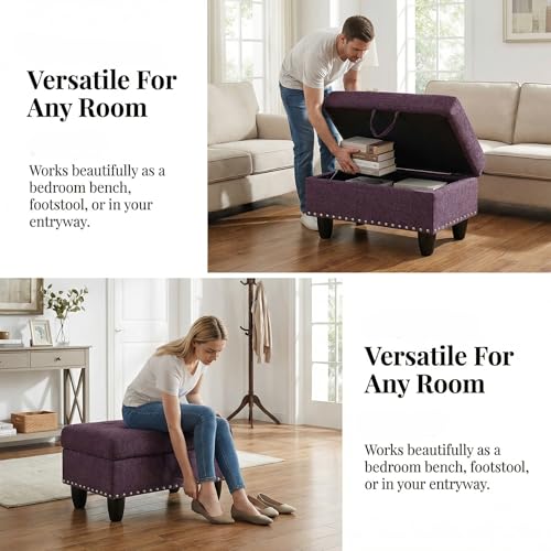 28.5 Inch Storage Ottoman Bench, Upholstered Ottoman with Hidden Storagefor Bedroom Living Room, End of Bed Foot Rest Stool, Purple - color: Purple