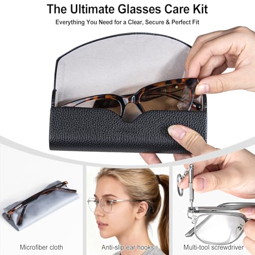 RayLove Ultimate Glasses Case Kit, Hard Shell Sunglasses and Eyeglass Case with Cleaning Cloth, Screwdriver, Ear Hooks - style: 1pack,black