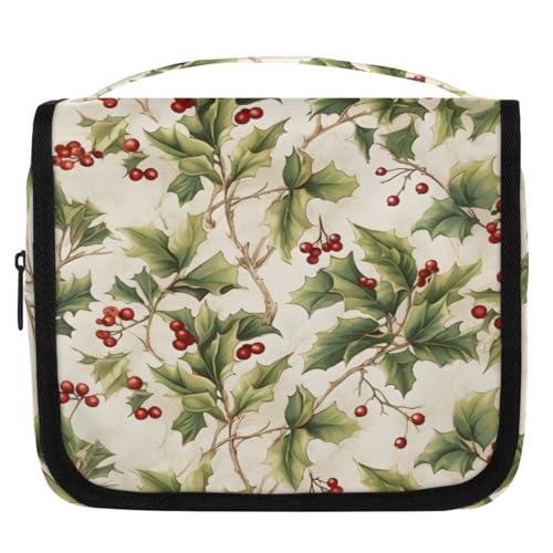 Hanging Travel Toiletry Bag for Women, Holly Berries Print Water Resistant Polyester Organizer with Hook & Handle, Large Capacity Cosmetic Bag for Travel, Gym, Camping - color: Holly Berries Print