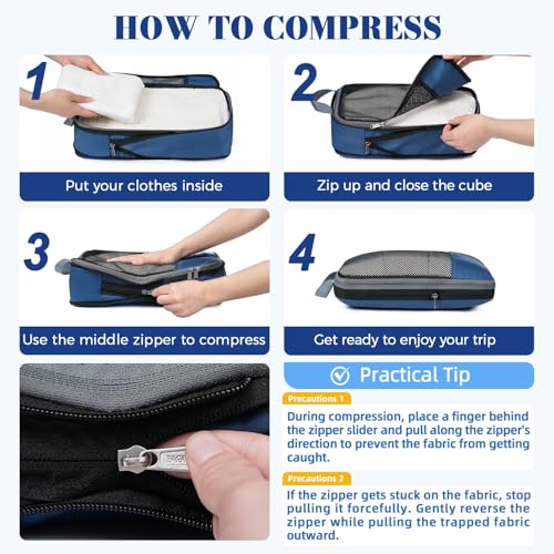 BAGAIL 4 Set/6 Set/8 Set Compression Packing Cubes Travel Accessories Expandable Packing Organizers(HalfMesh,8-Navy) - color: 8-Navy, style: Half Mesh