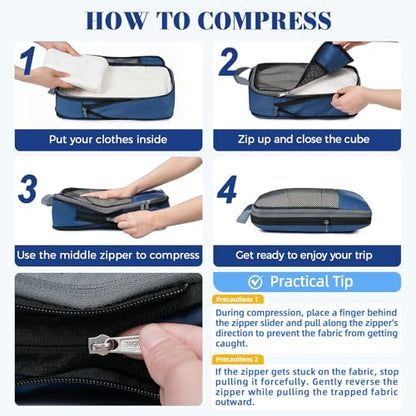 BAGAIL 4 Set/6 Set/8 Set Compression Packing Cubes Travel Accessories Expandable Packing Organizers(HalfMesh,8-Navy) - color: 8-Navy, style: Half Mesh