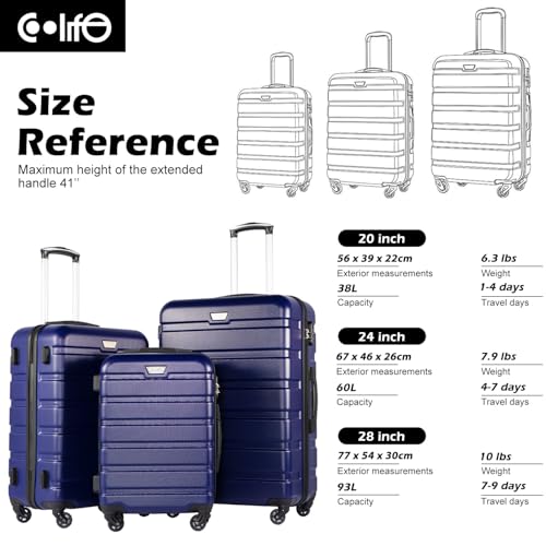 Coolife Luggage 3 Piece Set, Lightweight Durable Hardshell Suitcase set with 360° Spinner Wheels, TSA-approved Lock, Checked Family Travel Luggage sets, 20/24/28 Inch, Navy - color: Navy, size: 20in24in28in