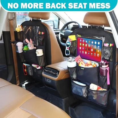 PIDO Backseat Car Organizer, Car Seat Organizer for Kids with Touch Screen Tablet Holder and 8 Pockets, Automotive Seat Back Kick Mat Made with Heavy Duty Fabric, Road Trip Essentials, 2 Pack