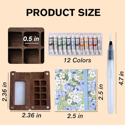 Aimery Mini Watercolor Paint Travel Set, Portable Pocket Size Water Color Painting Kit with Wooden Palette, Refillable Brush & Sketchbook(Blueberry) – Gift for Birthdays, Beginners, Art Lovers - style: Blueberry