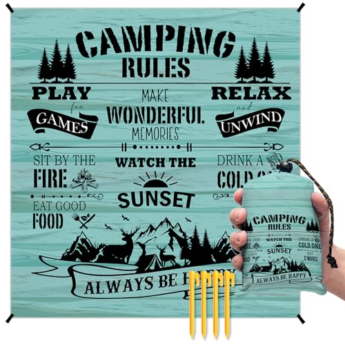 Rustic Camping Rules Pocket Picnic Blankets, Camp Mini Beach Camping Blanket Waterproof Sandproof, Blue RV Decorative Outdoor Blanket Mat Gifts for Camper Campsite Travel Hiking 55x60in - color: Rules