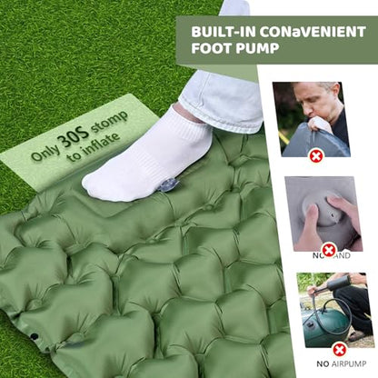 Sleeping Pad for Camping - Ultralight (1.9lbs) Inflatable Camping Mattress with Built-in Pillow & Foot Pump, 4" Thick Compact Air Pad for Backpacking, Hiking, Traveling, One-Second Deflation - color: Army Green