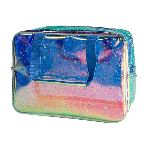 Holographic Blue Clear Star Large Cosmetic Bag and TPU Travel Pouch with Handle,Durable Material,Zipper Design-Ideal for Makeup,Travel Essentials (Holographic Blue+Star) - color: Holographic blue+Star