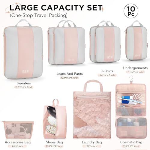 10 Set Compression Packing Cubes for Travel Gifts Mom Women,OlarHike Luggage Clothes Garment Bags for Travelers,Airplane/Cruise/Car Travel Essentials,Compressible Expandable Saver Space Bags(Beige) - color: Beige
