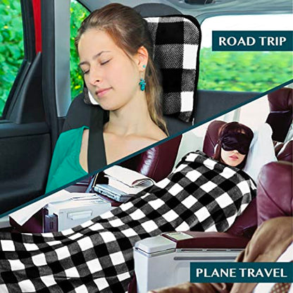 PAVILIA Travel Blanket Pillow, Soft Airplane Blanket 2-in-1 Combo Set, Plane Blanket Compact Packable, Flight Essentials Car Pillow, Travelers Gifts Accessories, Backpack Strap, 60x43 Checker White - color: Checker White
