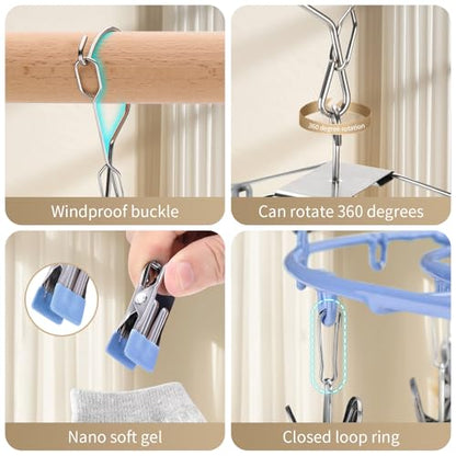 PHYDELU Drying Rack Clothing with 24 Clips，Sock Hanger for Drying，Hanging Clothes Dryer Underwear Hangers Racks Laundry Herb Socks Panty Wet Bra Lingerie Baby Delicates Foldable Small Indoor Metal - color: Blue (24 Clips)