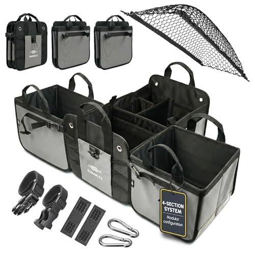 Modular 4-Section XL Trunk Organizer – Car Storage for Groceries, Tools, Sports Gear, Emergency Kits – Extra Large Multi-Compartment Cargo Box, Collapsible & Heavy Duty – Gray - color: gray, size: 4-section XXL