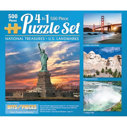 Bits and Pieces – 4-in-1 Multi-Pack Jigsaw Puzzles for Adults – US Landmarks Jigsaw Puzzle Set Bundle, Completed Puzzle Size: 16" x 20" (Four 500 Piece Puzzles) - size: Four 500 Piece Puzzles