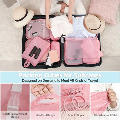 10 Pcs Set Packing Cubes - Travel Packing Organizers, Expandable Suitcase Organizer, Luggage Organizer Bags - color: PINK
