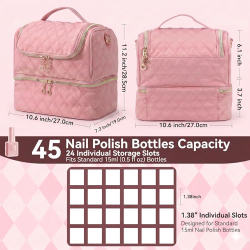 BAGCRAZY Nail Polish Organizer Case, Double Layer Nail Supplies Storage Bag holds 24 Bottles & UV/LED Lamp, Quilted Portable Manicure Travel Case with 8 Pcs Tools, for Nail Tech, Home & Salon, Pink - color: Pink