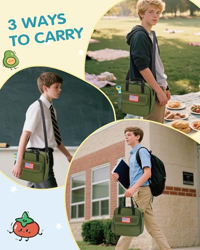 Tactical-style Lunch Bag 5L Kids Lunch Bag with Adjustable Shoulder Strap Easy to Clean Leakproof Wipeable liner Toddler Lunch Box Bag for Boys Girls School and Daycare - color: Green