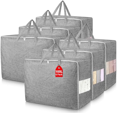105L Extra Large Storage Bags, Folding Moving Comforter Blanket Storage Bags Closet Organizers and Storage Containers for Clothes with Strong Handles&Zippers Clear Window for Bedding Pillow Grey 6Pack - color: Grey, size: 6 x 105L