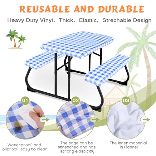 Moukeren 3 Pieces Picnic Table Cover for Kids with Bench Covers Fitted Tablecloth for Outdoors Vinyl Waterproof Cloth for Camping Home Goods Indoor Outdoor Patio BBQ(Blue, White)