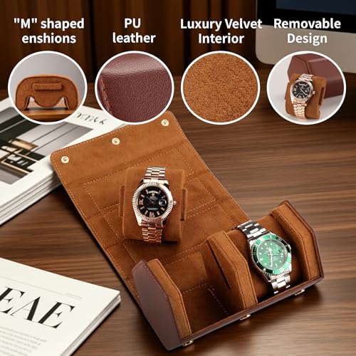 Leather Watch Roll for 2 Watches - Velvet-Lined Travel Case, Luxury Watch Rolls Organizer with Storage & Display for Men (2 Slot-Brown) - color: 2 Slot-Brown