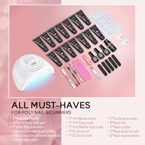 JEWHITENY 14 Colors Poly Extension Gel Nail Kit With U V Lamp Nude Pink White Brown All In One Poly Gel Starter Kit With Base Top Coat Manicure Salon Frence Nail Art DIY - color: A04