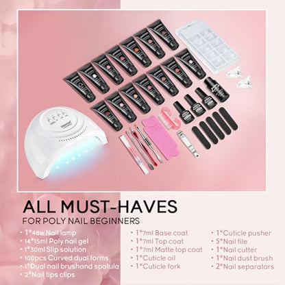 JEWHITENY 14 Colors Poly Extension Gel Nail Kit With U V Lamp Nude Pink White Brown All In One Poly Gel Starter Kit With Base Top Coat Manicure Salon Frence Nail Art DIY - color: A04
