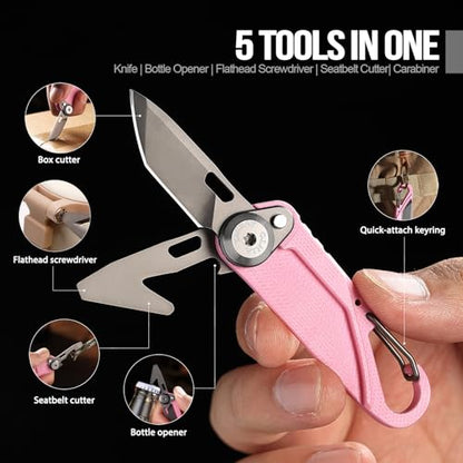 TACRAY Vinto 5-in-1 Small Pocket Knife – Ultra-Light Compact Multitool with Utility Knife, Seatbelt Cutter, Bottle Opener, Flathead Screwdriver & Keyring Attachment for Everyday Carry (Pink) - color: Pink