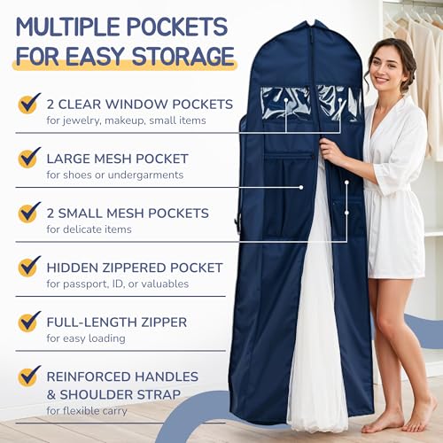Wedding Dress Garment Bag 72" – Waterproof Trifold Travel Garment Bag for Bridal Gown with Shoulder Strap, Suitcase Sleeve & Accessory Pockets – Fits Full Skirts, Oxford Fabric, Carry Handle - color: Navy